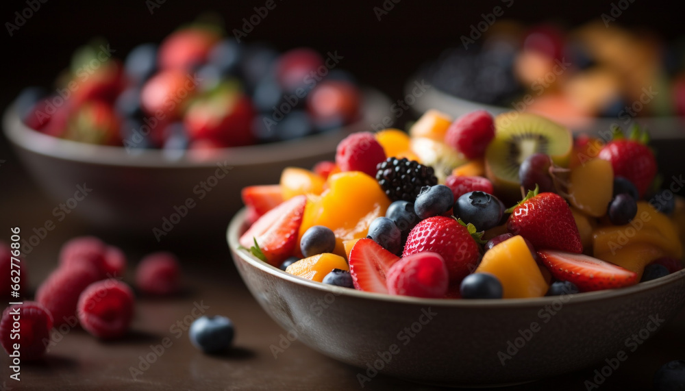 Healthy berry fruit salad on wooden plate with yogurt topping generated by AI - obrazy, fototapety, plakaty 