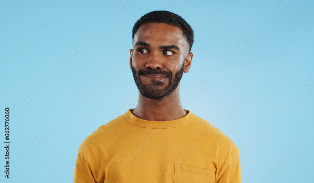 Thinking, anxiety and stress of black man in studio isolated on a blue background mockup. Challenge, fear and scared person worry for financial crisis, bankruptcy and doubt mistake, nervous and fail Thinking, anxiety and stress of black man in studio isolated on a blue background mockup. Challenge, fear and scared person worry for financial crisis, bankruptcy and doubt mistake, nervous and fail