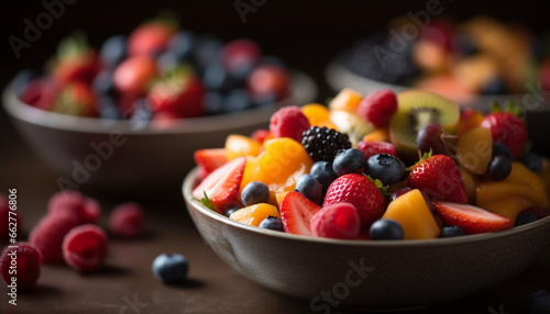 Healthy berry fruit salad on wooden plate with yogurt topping generated by AI © Stockgiu