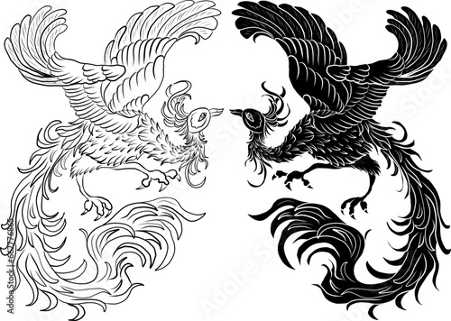 Beautiful line art of Phoenix for tattoo design on background.Phoenix vector for printing on shirt.Golden vector illustration for doodle art and coloring book on white isolated background.
