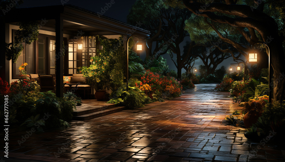 Obraz premium A serene dusk illuminated lanterns adorn the formal garden generated by AI