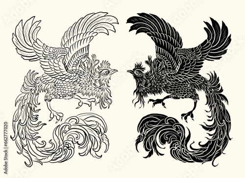 Beautiful line art of Phoenix for tattoo design on background.Phoenix vector for printing on shirt.Golden vector illustration for doodle art and coloring book on white isolated background.