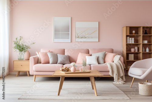 An Elegant and Cozy Living Room Interior with Plush Furniture, Chic Decor, and Delicate Pink Color Scheme, Creating a Serene and Spacious Ambiance with Stylish Lighting, Trendy Accessories © aicandy