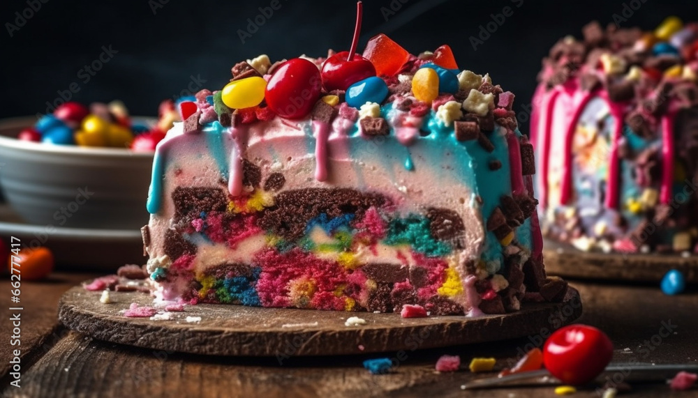 Multi colored berry cheesecake slice on dark wood table for celebration generated by AI