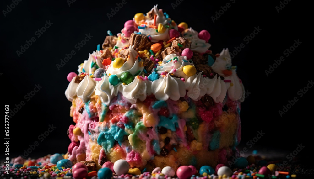 Multi colored gourmet cupcakes with chocolate icing and fruit decoration on black background generated by AI Multi colored gourmet cupcakes with chocolate icing and fruit decoration on black background generated by AI