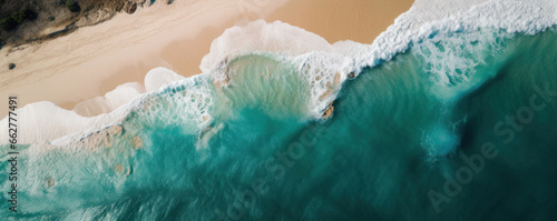 The natural beauty of a beach and ocean is captured from an aerial perspective, highlighting the turquoise waters and pristine coastline, ideal for a perfect tropical vacation. AI Generative.