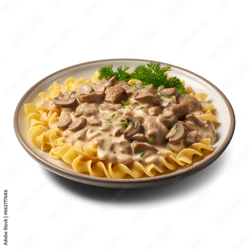 Pasta with mushrooms and cream sauce on a plate isolated on white background Pasta with mushrooms and cream sauce on a plate isolated on white background