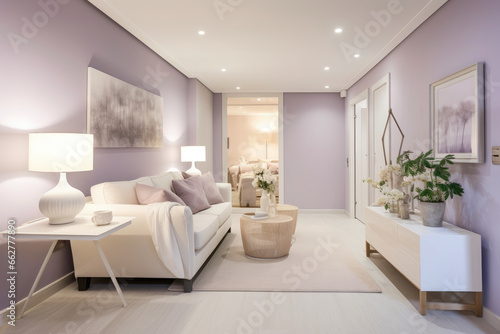 Step into a serene and elegant lavender-colored hallway with soft lighting, contemporary decor, comfortable seating, and stylish, decorative accents creating a peaceful and calming atmosphere. © aicandy