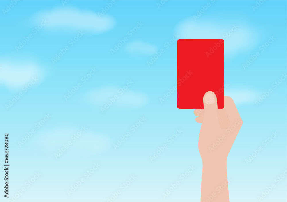 Hand Holding Red Card against Blue Sky for Football Match. Vector Illustration. Hand Holding Red Card against Blue Sky for Football Match. Vector Illustration.