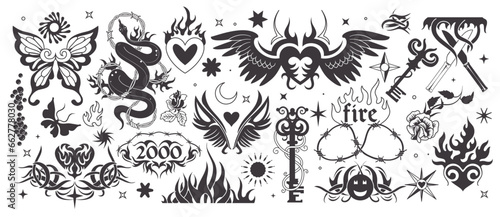 Y2k tattoo. 90s style body tattooing elements. Love heart. Fire flame. Gothic butterfly and rose flower. Angel wings. Barbed wire and snake. Black vintage art stickers. Vector exact silhouettes set