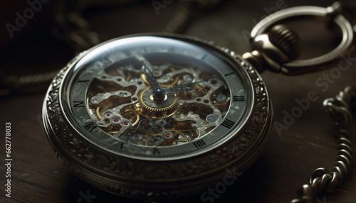 Antique pocket watch, metal elegance, accuracy in time machinery generated by AI