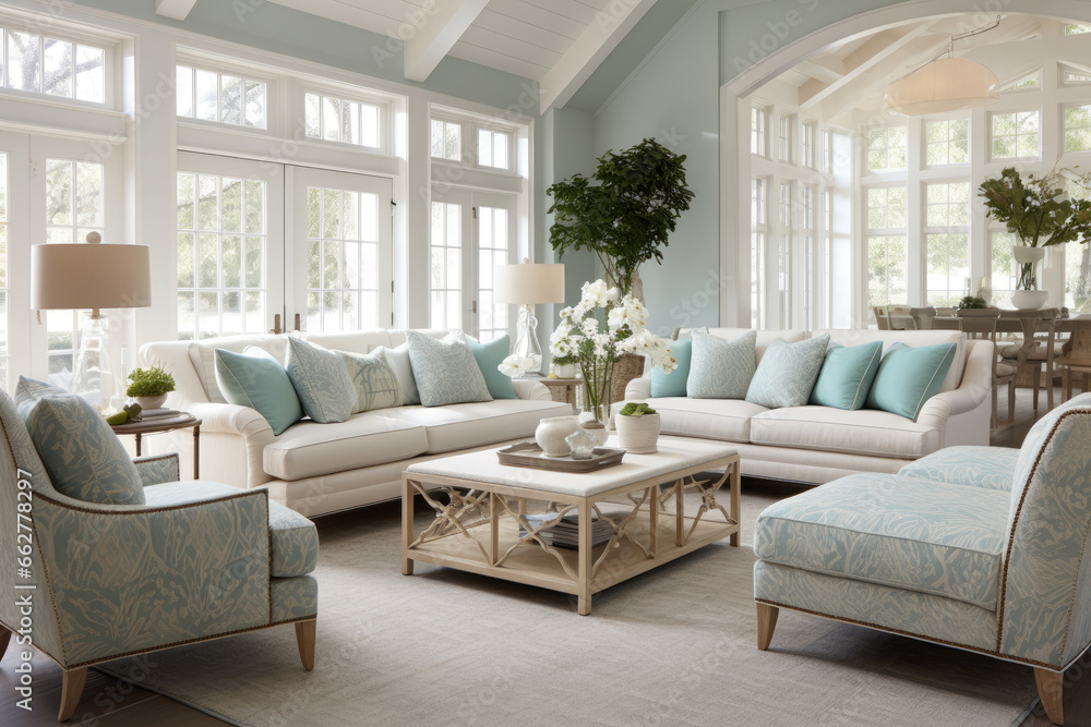 A serene living room oasis with plush furniture and coastal-inspired accents, featuring cream and turquoise colors for a calming and elegant coastal theme, complemented by spacious interiors