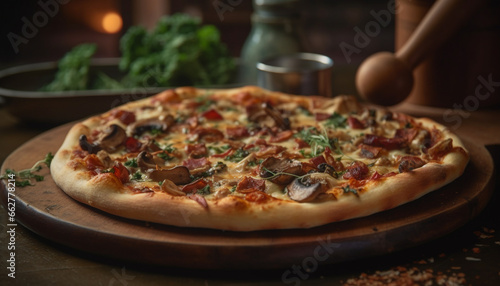 Freshly baked pizza on rustic wooden table, mozzarella and tomato generated by AI