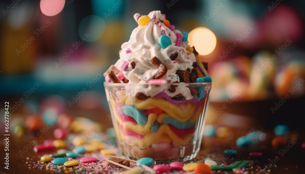 Fototapeta premium Colorful gourmet dessert table with sweet candy and chocolate indulgence generated by AI