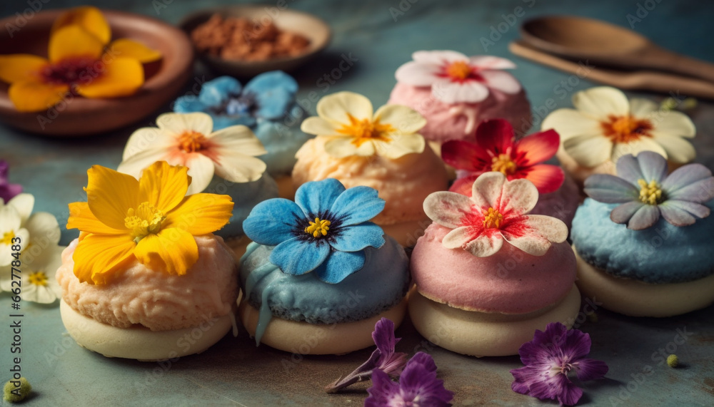 Homemade macaroon with chocolate and cream decoration on rustic plate generated by AI Homemade macaroon with chocolate and cream decoration on rustic plate generated by AI