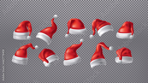 Santa Hats. Xmas claus cap, new year holiday red clothes with fur balls on transparent background. 3D cold winter accessory, christmas decor. Vector isolated exact decoration realistic elements set