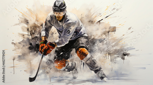 Black Pencil Realsitic Detailed Drawing of Hockey Player in White Uniform Oil Painting Background