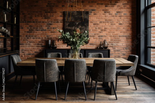 A Spacious and Stylish Contemporary Industrial Dining Room with Sleek Furniture, Exposed Brick, and Neutral Colors, Creating a Trendy and Minimalistic Ambiance. © aicandy
