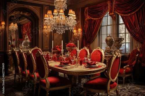A Luxurious Dining Room with Opulent Gold and Rich Red Colors, Grand Furniture, Lavish Chandelier, and Exquisite Artwork, Creating an Elegant and Majestic Atmosphere.