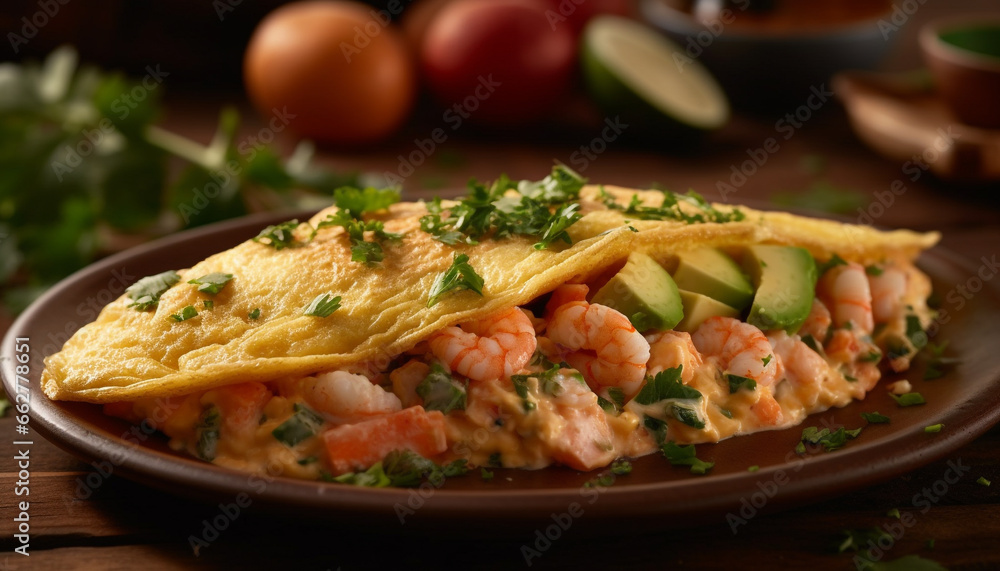 Fresh gourmet seafood meal with cilantro, avocado, and tomato appetizer generated by AI Fresh gourmet seafood meal with cilantro, avocado, and tomato appetizer generated by AI