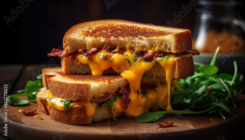 Toasted ciabatta with grilled meat, melted cheddar, and fresh vegetables generated by AI