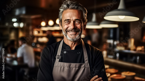 Happy Chef mature man of a Big Restaurant Crosses Arms and Smiles in a Modern Kitchen. Design ai © Shubby Studio