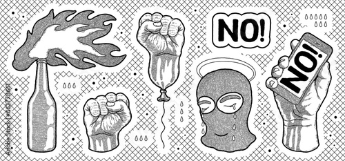 Protest sketch. Fist balloon. Revolution hand fight. Feminist power and victory. Activist strong punch. Human strength. Incendiary mixture bottle. Head in mask. No icon. Vector illustration signs set
