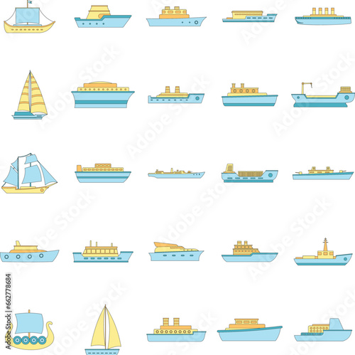 Marine vessels types icons set. Outline illustration of 25 marine vessel type vector icons thin line color flat on white