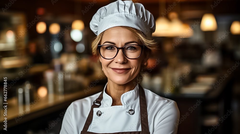 Happy Chef mature woman of a Big Restaurant Crosses Arms and Smiles in a Modern Kitchen. Design ai Happy Chef mature woman of a Big Restaurant Crosses Arms and Smiles in a Modern Kitchen. Design ai