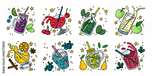 Bubble tea set. Boba beverage drinks in cups with ice, coffee or milk, dessert smoothie and juice, summer food. soda with fresh tropical fruits and berry. Doodle style drawing. Vector cartoon design