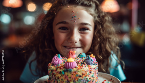 Cute girl enjoys birthday party with sweet food and decorations generated by AI