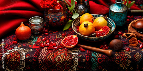 Yalda-themed textiles, such as Persian rugs and tablecloths. AI generative. photo