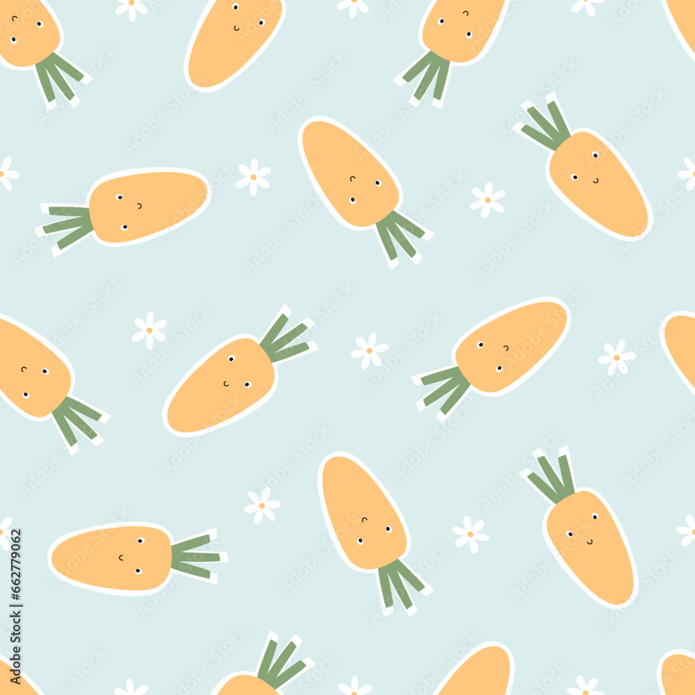 Seamless baby pattern orange carrots on a blue background Hand drawn design in cartoon style. For children's clothing, wallpaper, decoration Seamless baby pattern orange carrots on a blue background Hand drawn design in cartoon style. For children's clothing, wallpaper, decoration