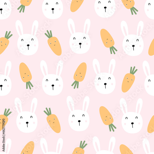 Seamless baby pattern orange carrot with rabbit face on pink background Hand drawn design in cartoon style. For children's clothing, wallpaper, decoration