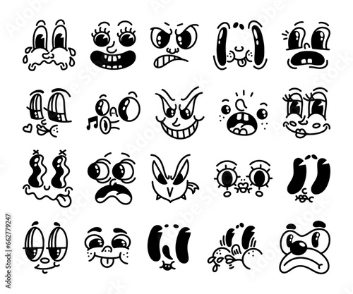 Cartoon faces. Retro characters portrait, eye, vintage comic smile and cute mouth, bunny happy mascot. facial funny comic simple creature, 50s style. Creator elements. Vector logo, isolated icons