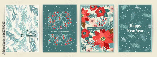 Christmas and Happy New Year cards with flowers, christmas tree, branches, leaves, berries, snowflakes. Trendy retro style. Vector design