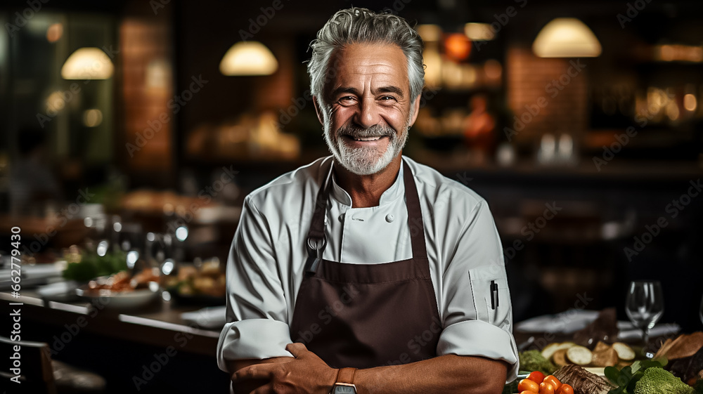 Happy Chef mature man of a Big Restaurant Crosses Arms and Smiles in a Modern Kitchen. Design ai Happy Chef mature man of a Big Restaurant Crosses Arms and Smiles in a Modern Kitchen. Design ai