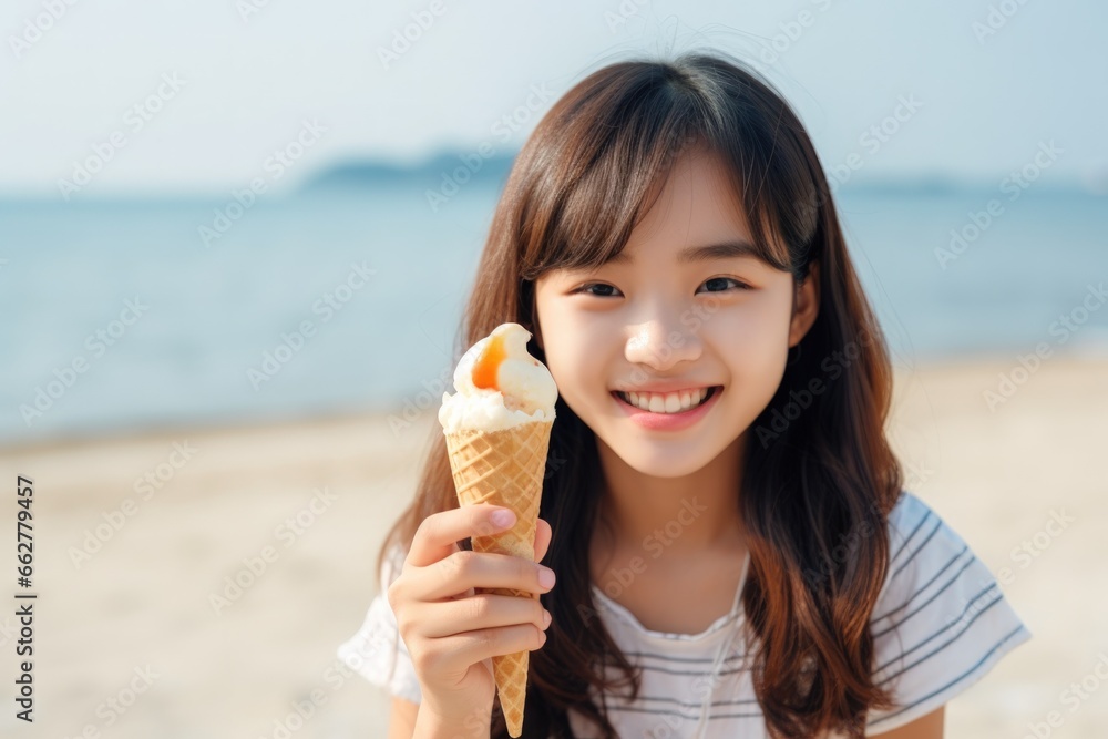 Happy young teenager eat ice cream at beach on vacation. Happy young teenager eat ice cream at beach on vacation.