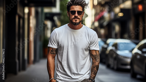 A male model in a classic white cotton T-shirt on a city street back view Generative ai