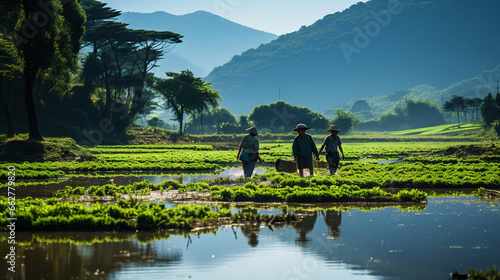 Beautiful countryside with rice fields. Generative AI