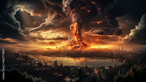 Explosion of nuclear bomb in the city. end of world illustration. Nuclear war threat concept. Design ai