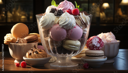 Indulgent gourmet dessert homemade chocolate ice cream with fresh berries generated by AI