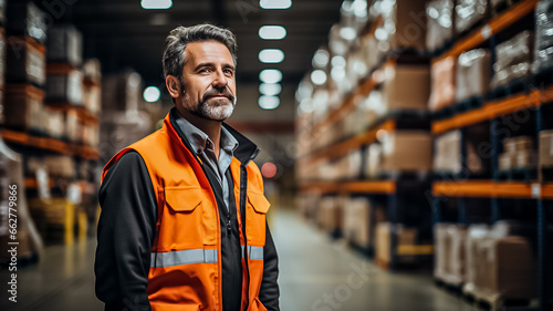 Professional men working together in a warehouse. Fulfillment, logistics, transportation background