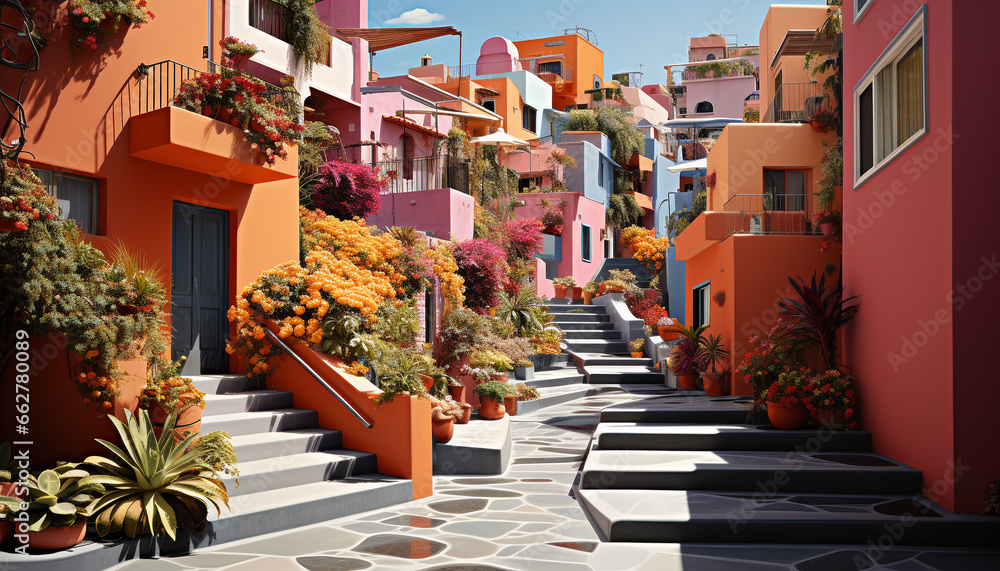 Fototapeta premium Vibrant color, modern architecture, staircase, flower pot, residential district, summer generated by AI