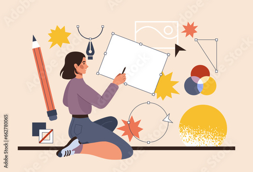 Digital illustrator. Woman artist drawing geometric collage. Graphic design tools. Creation in computer. Abstract character in designer agency. Modern art. Creative people. Vector tidy illustration