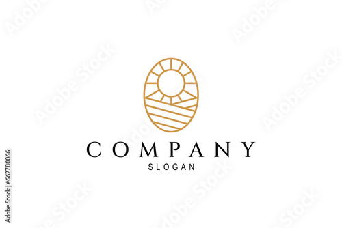 Farm line art logo with sunrise in field