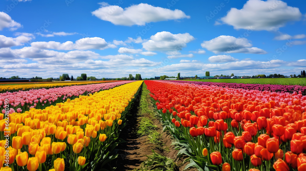 A ripe colorful tulip field in an agricultural landscape. A picturesque view of the field. Generative AI