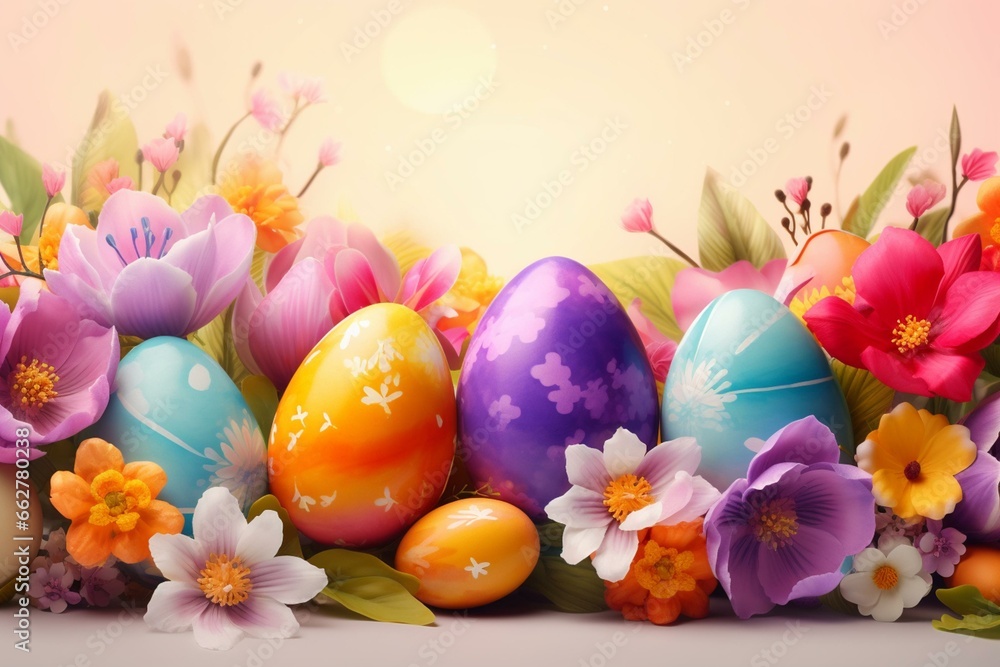 Fototapeta premium festive banner showcasing vibrant eggs and blooming flowers. Generative AI