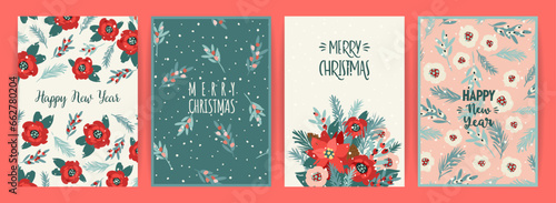 Christmas and Happy New Year cards with flowers, christmas tree, branches, leaves, berries, snowflakes. Trendy retro style. Vector design