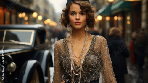 young beautiful woman dressed in a shiny dress in the style of the 20s against the backdrop of a European or American city, retro style, vintage outfit, elegant girl, hair decoration, jewelry, lady